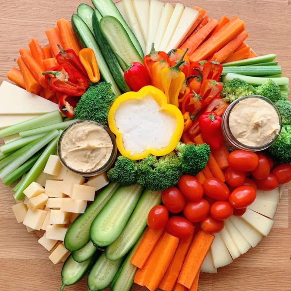 A colorful Bozzelli's veggie platter with carrots, celery, cucumbers, bell peppers, broccoli, tomatoes, cheese, and hummus.