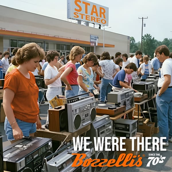 A 70s outdoor electronics sale with people browsing boomboxes and stereos under a "Star Stereo" sign.