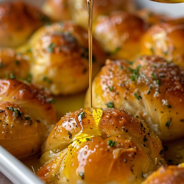 Golden garlic knots, drizzled with olive oil and sprinkled with herbs and salt, in a white baking dish.