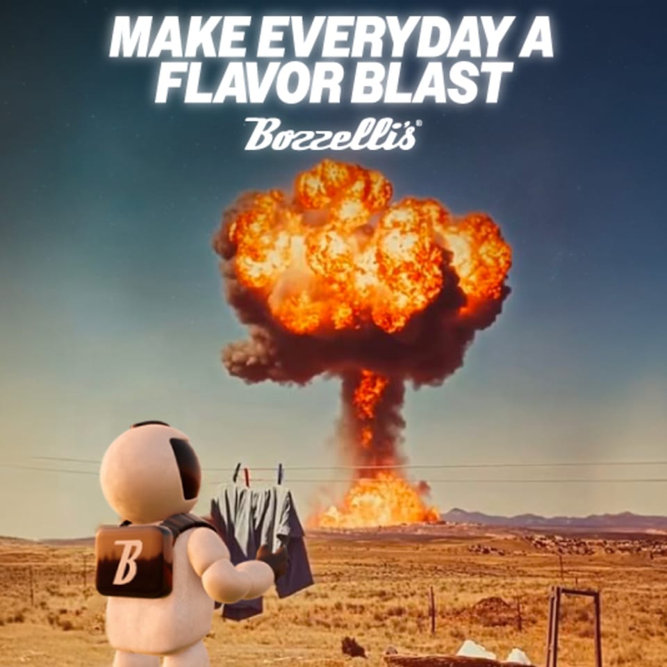 A Bozzelli's astronaut hangs laundry in a desert with a mushroom cloud in the background.