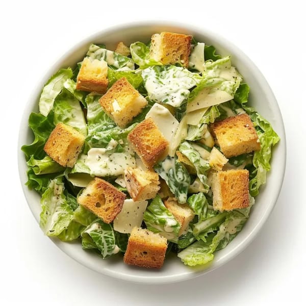 A white bowl filled with Bozzelli's Caesar salad, featuring crisp romaine, croutons, and parmesan.