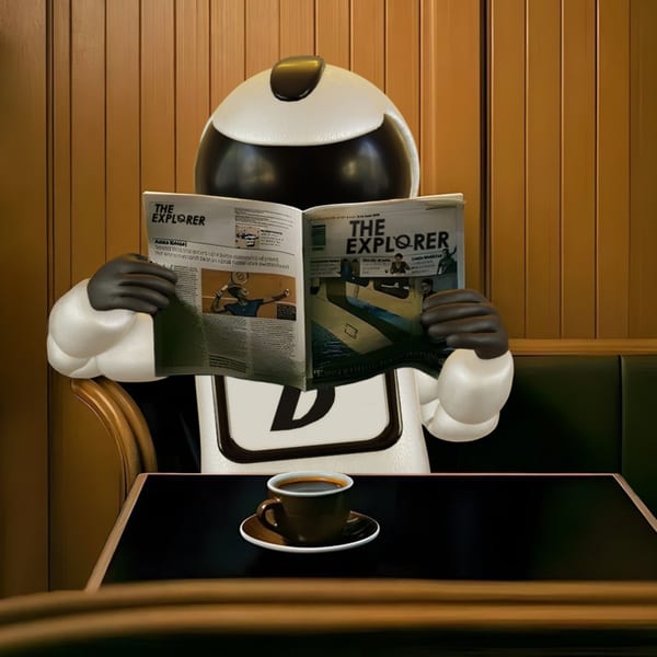A black and white robot reads "The Explorer" newspaper at a table with a cup of coffee.