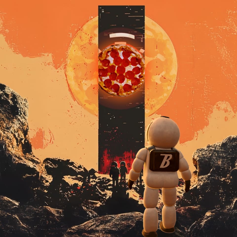 Astronauts on a rocky, orange planet gaze at a giant pepperoni pizza in the sky.