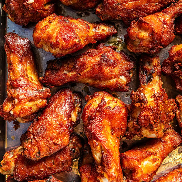 Close-up of golden-brown, crispy Bozzelli's chicken wings and drumsticks on a metal tray.